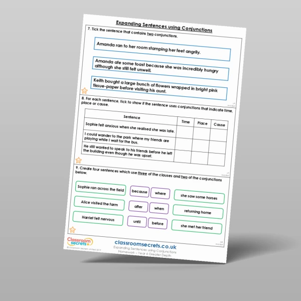 An image of the Expanding Sentences using Conjunctions Homework Resource