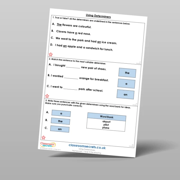 An image of the Using Determiners Homework Resource