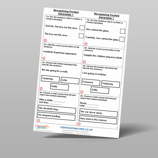 An image of the Recognising Fronted Adverbials 1 Varied Fluency Resource