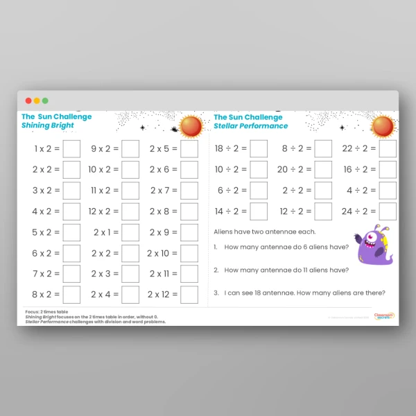 An image of the Challenge 1 The Sun 2 Times Tables Resource