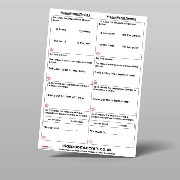 An image of the Prepositional Phrases Varied Fluency Resource
