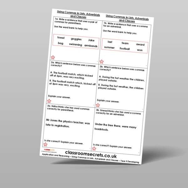 An image of the Free Using Commas in Lists, Adverbials and Clauses Application and Reasoning Resource