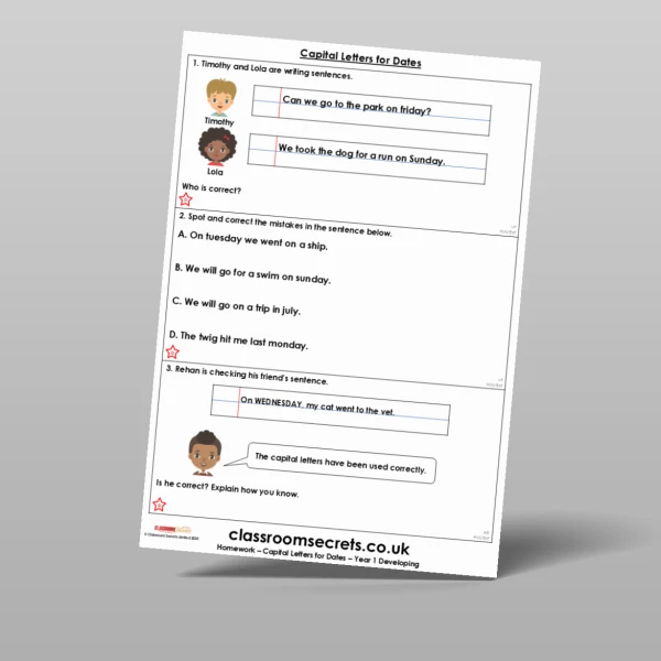 An image of the Capital Letters for Dates Homework Resource