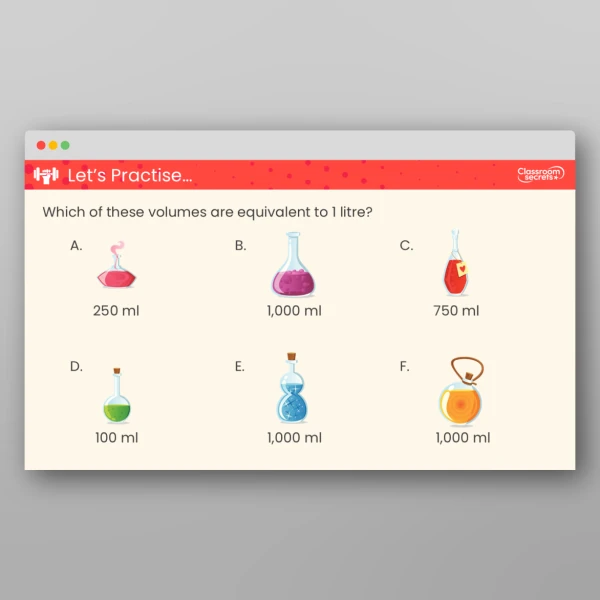 An image of the Equivalent Capacities and Volumes (Litres and Millilitres) Teaching PPT Resource