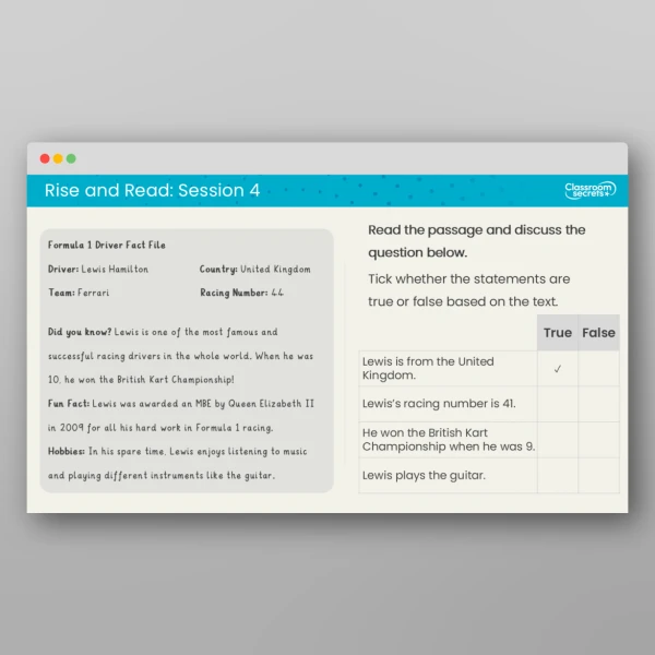 An image of the Rise and Read Formula 1 Resource