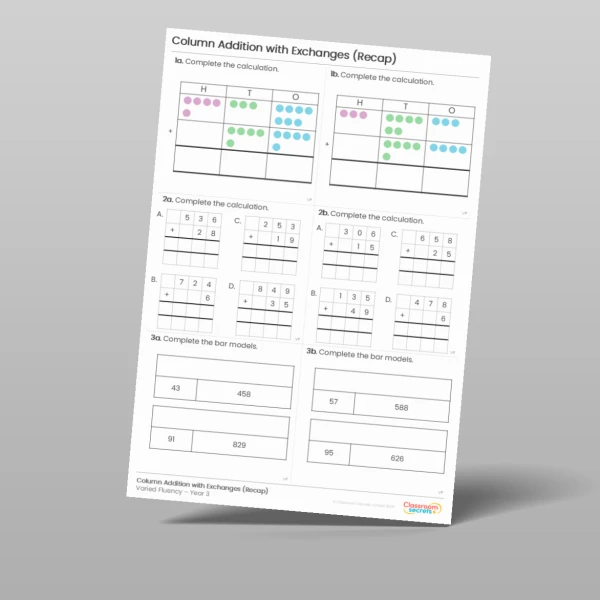 An image of the Column Addition with Exchanges (Recap) Varied Fluency Resource