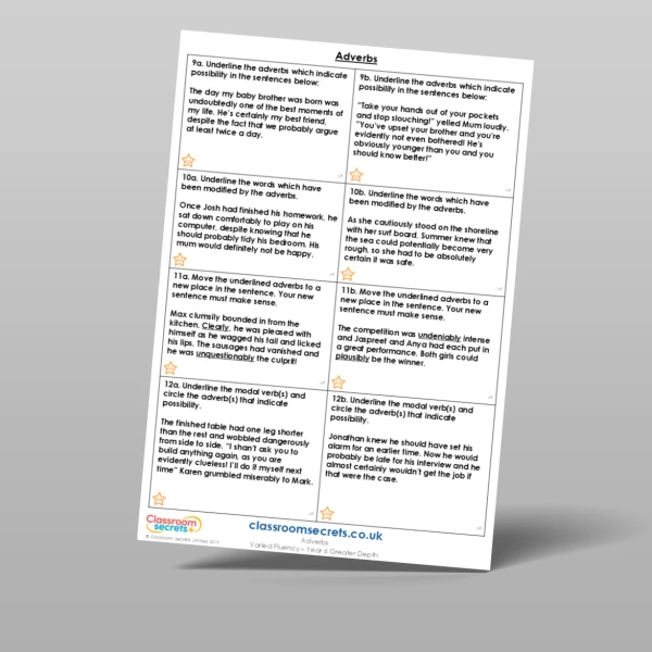 An image of the Adverbs Varied Fluency Resource