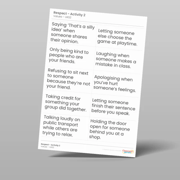 An image of the Values - Respect Worksheet Resource
