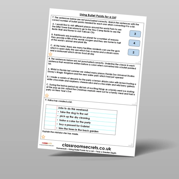 An image of the Using Bullet Points for a List Homework Resource