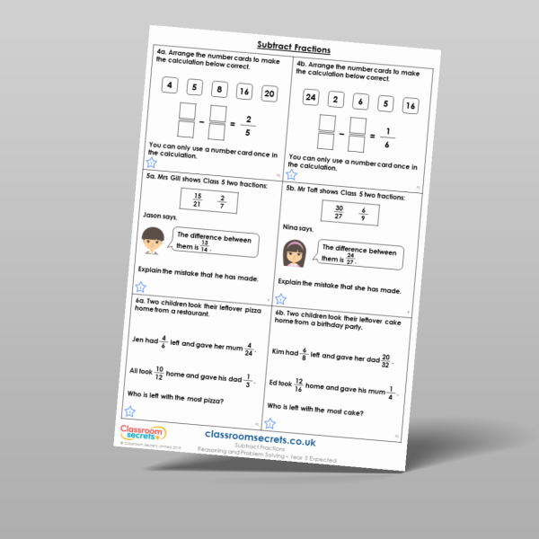 Year 5 Subtract Fractions Reasoning And Problem Solving Resource ...