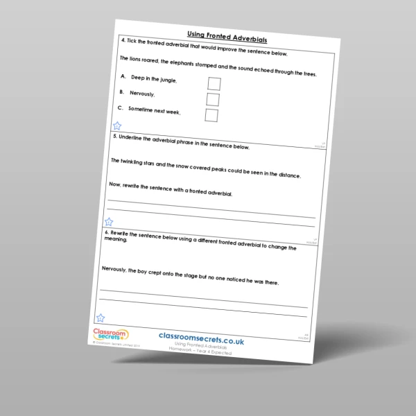 An image of the Using Fronted Adverbials Homework Resource