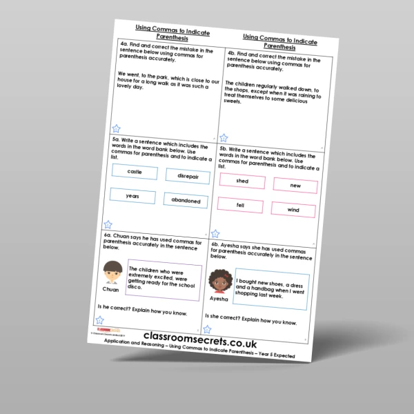 An image of the Using Commas to Indicate Parenthesis Application and Reasoning Resource