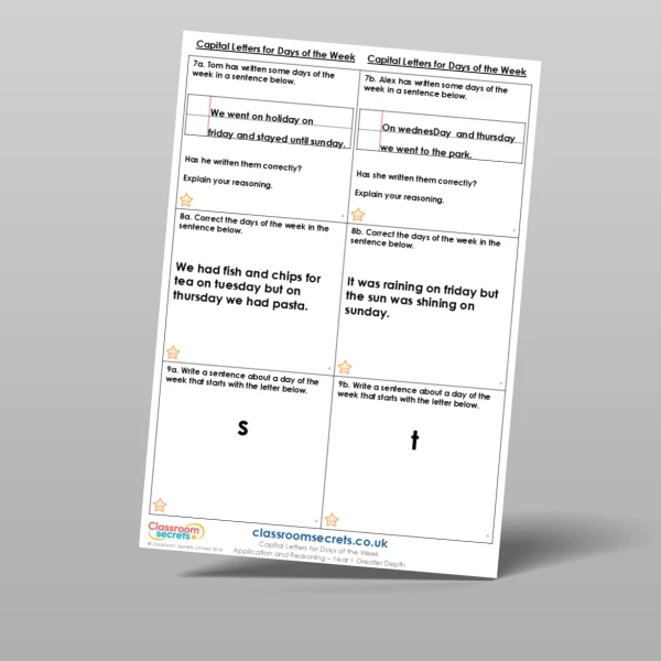 An image of the Capital Letters for Days of the Week Application and Reasoning Resource