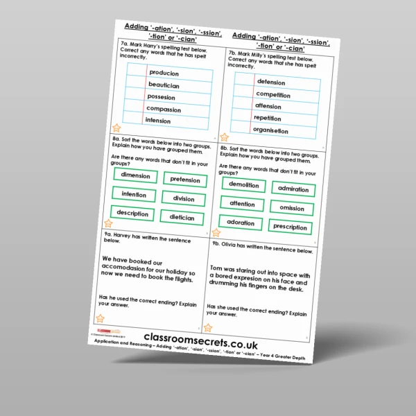 An image of the Adding '-ation', '-sion', '-ssion', '-tion' or '-cian' Application and Reasoning Resource