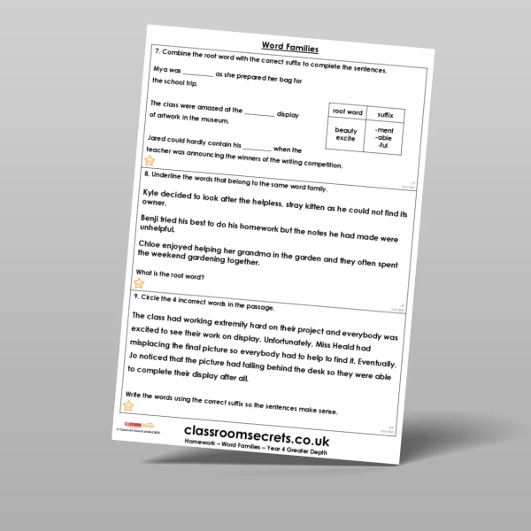 An image of the Free Word Families Homework Resource