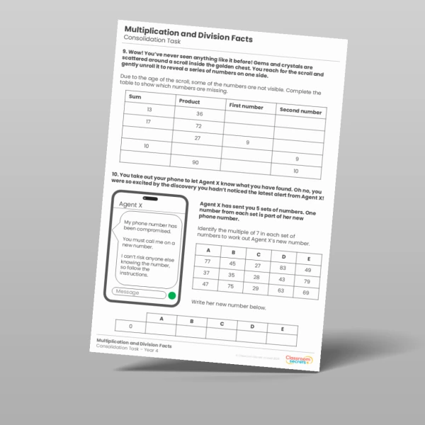 An image of the Multiplication and Division Facts Consolidation Task Resource