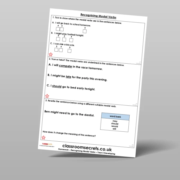 An image of the Free Recognising Modal Verbs Homework Resource