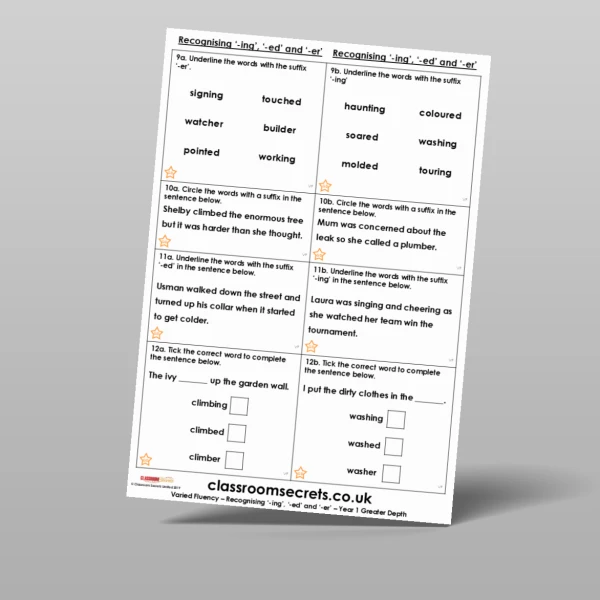 An image of the Recognising '-ing', '-ed' and '-er' Varied Fluency Resource