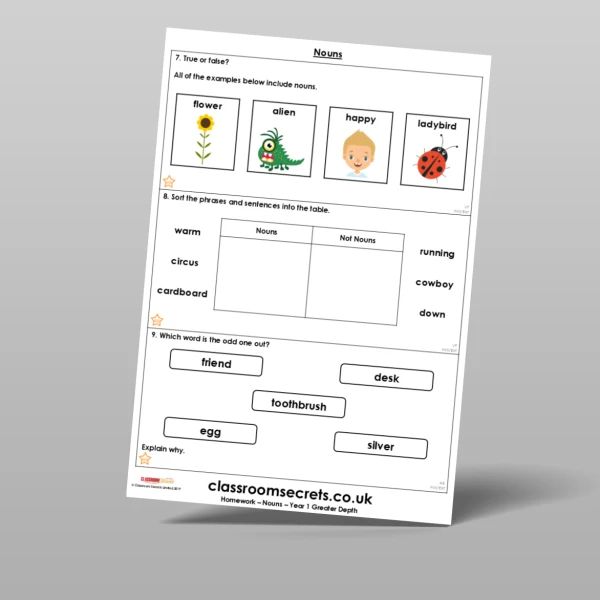 An image of the Free Nouns Homework Resource