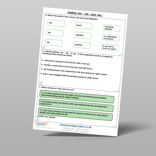An image of the Free Adding 'de-', 'dis-', and 'mis-' Homework Resource