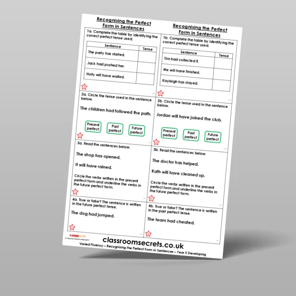 An image of the Recognising the Perfect Form in Sentences Varied Fluency Resource