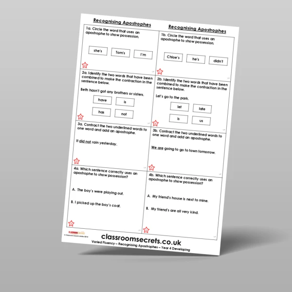An image of the Free Recognising Apostrophes Varied Fluency Resource