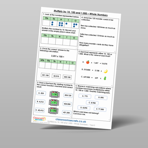 Year 5 Multiply By 10 100 And 1 000 Whole Numbers Mixed Activity ...