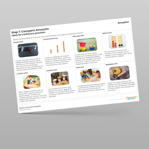 An image of the WR Maths Aligned Planning Reception Step 7 Compare Amounts Resource