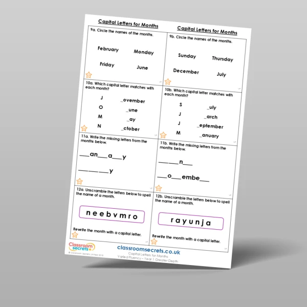 An image of the Capital Letters for Months Varied Fluency Resource