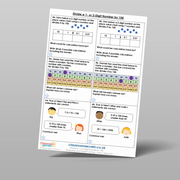 An image of the Divide a 1 or 2-Digit Number by 100 Reasoning and Problem Solving Resource