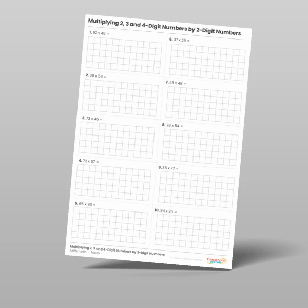 An image of the Multiplying 2, 3 and 4-Digit numbers by 2-Digit Numbers Arithmetic Test Resource