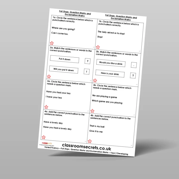 An image of the Full Stops, Question Marks and Exclamation Marks Varied Fluency Resource