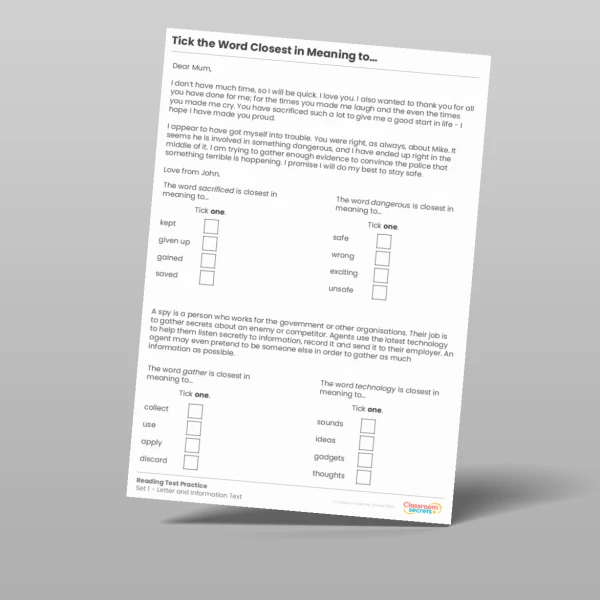An image of the Tick the Word Closest in Meaning to Reading Test Practice Resource