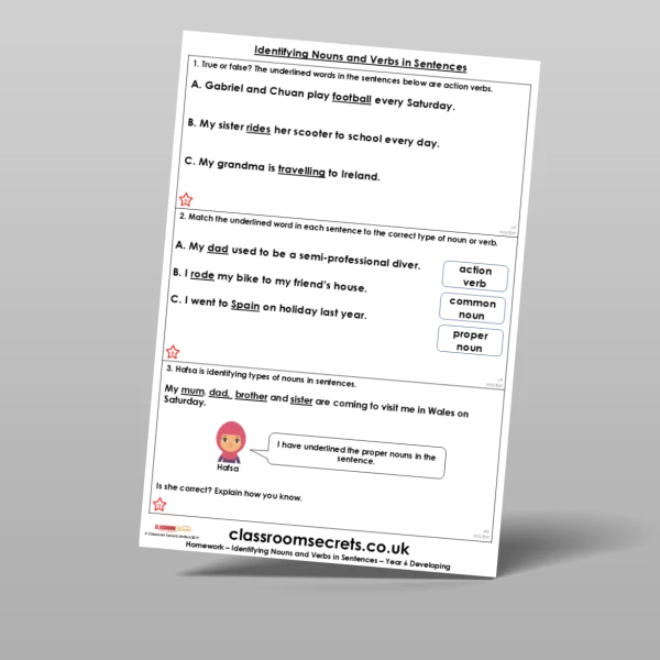 An image of the Free Identifying Nouns and Verbs in Sentences Homework Resource