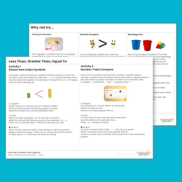 Year 1 Less than Greater than Equal to Place Value within 10 Adult Led Practical Activities
