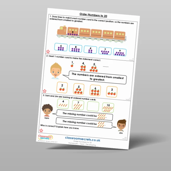 An image of the Order Numbers to 20 Homework Resource