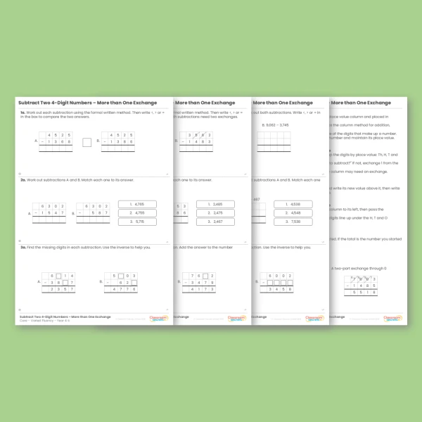 Year 4 Subtract Two 4-Digit Numbers - More than One Exchange Addition and Subtraction Varied Fluency