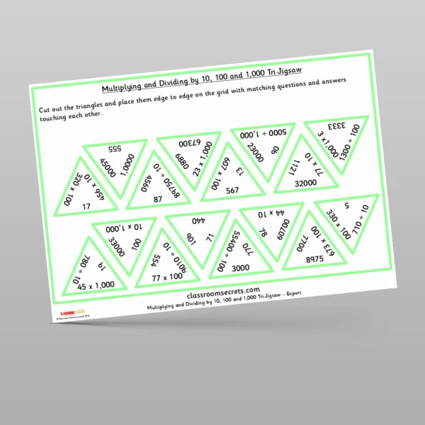 An image of the Multiplying and Dividing by 10, 100 and 1,000 Tri-Jigsaw Resource