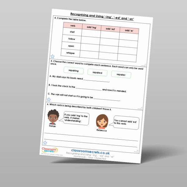 An image of the Recognising and Using '-ing', '-ed' and '-er' Homework Resource