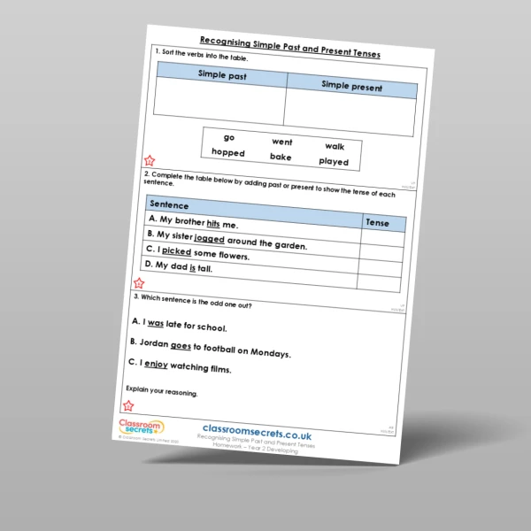 An image of the Free Recognising Simple Past and Present Tenses Homework Resource