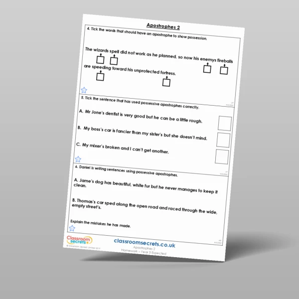 An image of the Apostrophes 2 Homework Resource