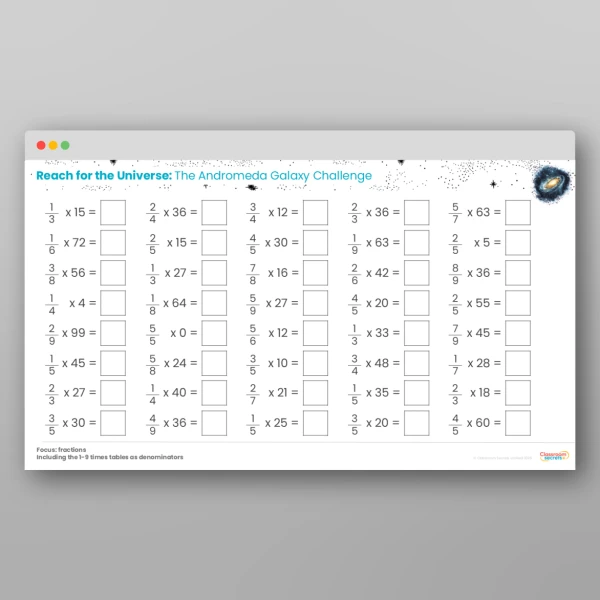 An image of the Challenge 14 The Andromeda Galaxy Fractions Times Tables Resource