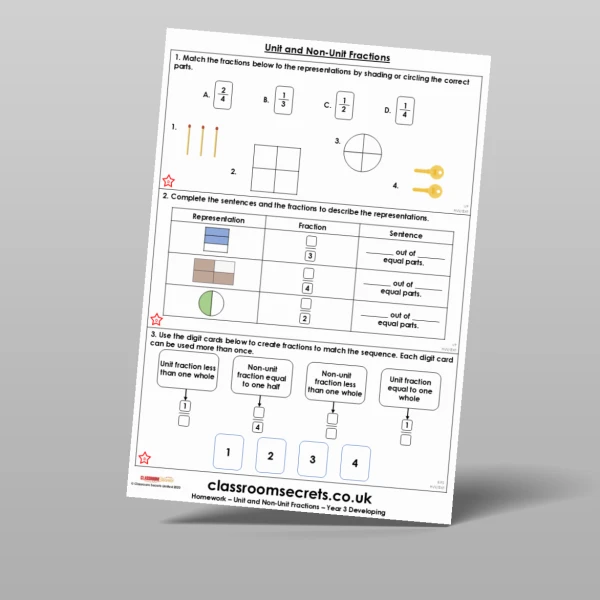 An image of the Unit and Non-Unit Fractions Homework Resource
