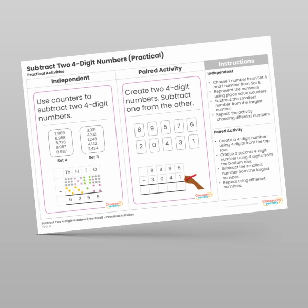 An image of the Subtract Two 4-Digit Numbers (Practical) Practical Activity Resource