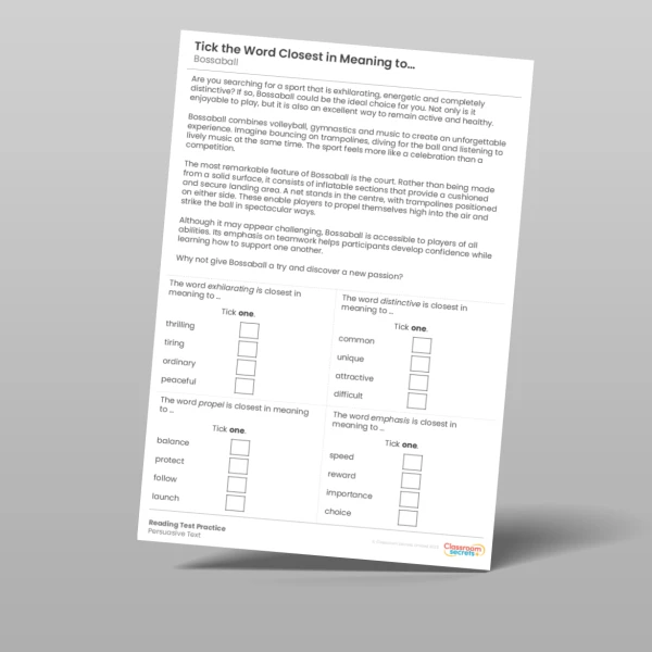An image of the Tick the Word Closest in Meaning Reading Test Practice Sport Resource