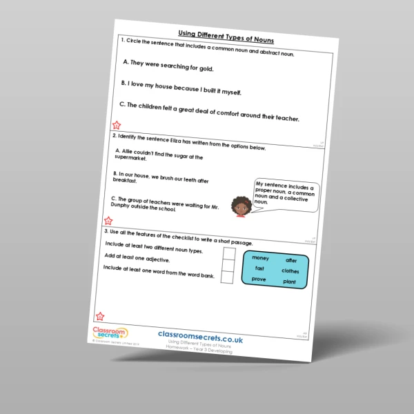 An image of the Using Different Types of Nouns Homework Resource
