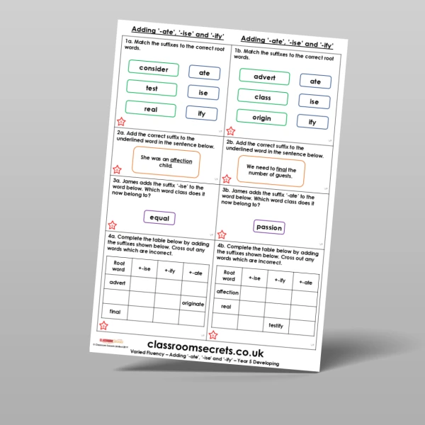 An image of the Adding '-ate', '-'ise' and '-ify' Varied Fluency Resource
