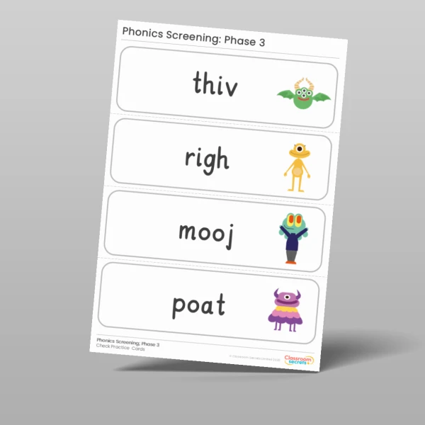 An image of the Phonics Screening Check: Phase 3 Practice Cards Resource