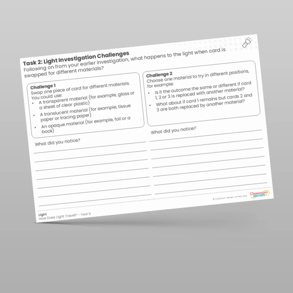 An image of the Light Investigation Challenges Worksheet Resource