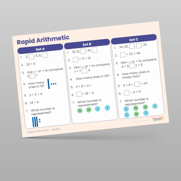 An image of the Autumn 1 Week 2 Rapid Arithmetic Resource